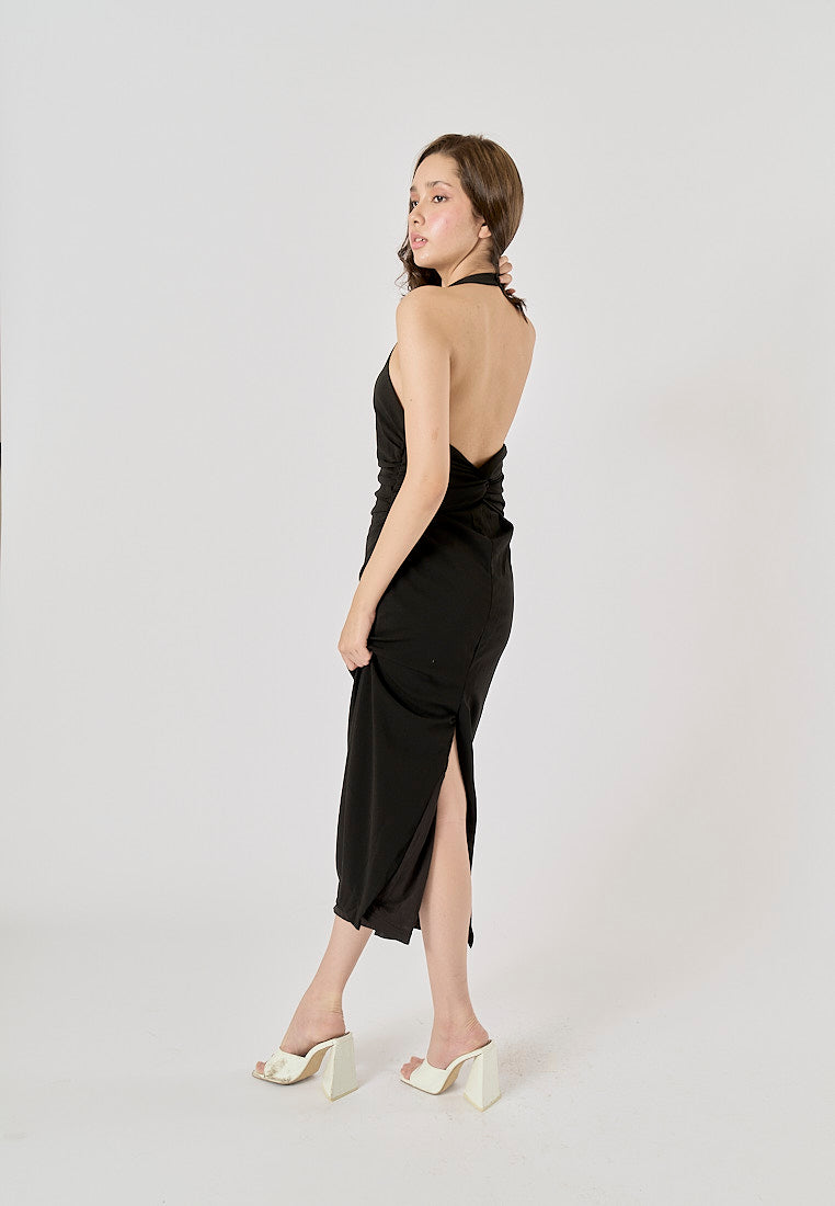 Marlowe Black Halter Neck Backless Midi Dress