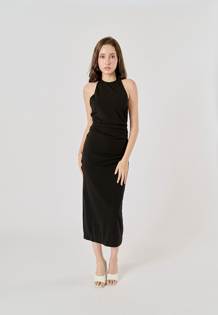 Marlowe Black Halter Neck Backless Midi Dress