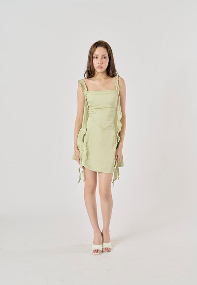 Artemis Sage Green Holiday Style Ruffled Ribbon A-Line Mini Dress