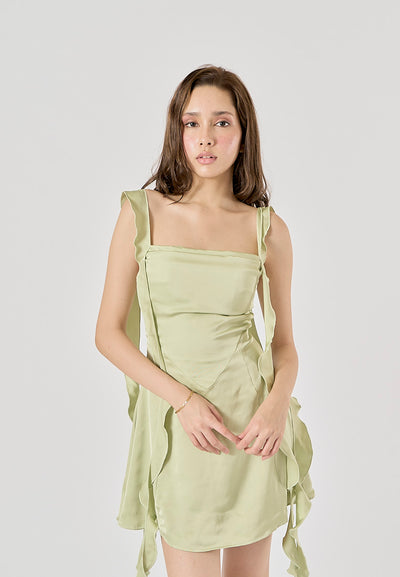 Artemis Sage Green Holiday Style Ruffled Ribbon A-Line Mini Dress