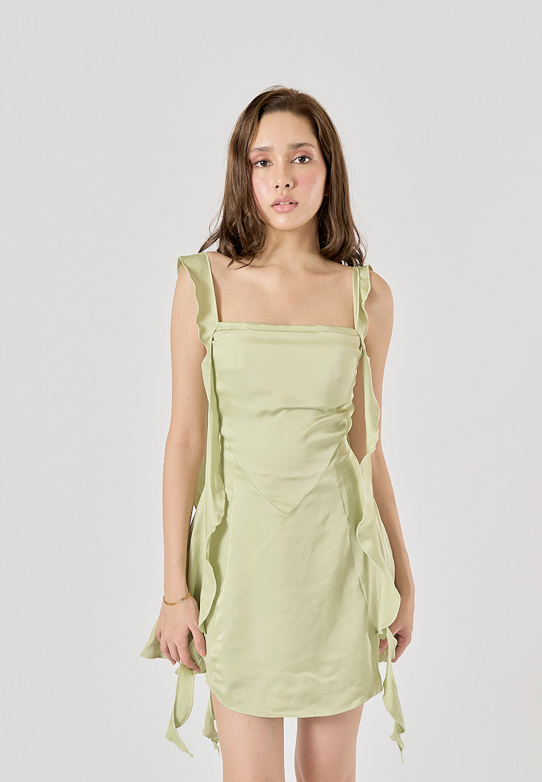 Artemis Sage Green Holiday Style Ruffled Ribbon A-Line Mini Dress