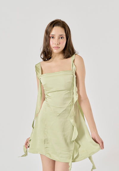 Artemis Sage Green Holiday Style Ruffled Ribbon A-Line Mini Dress