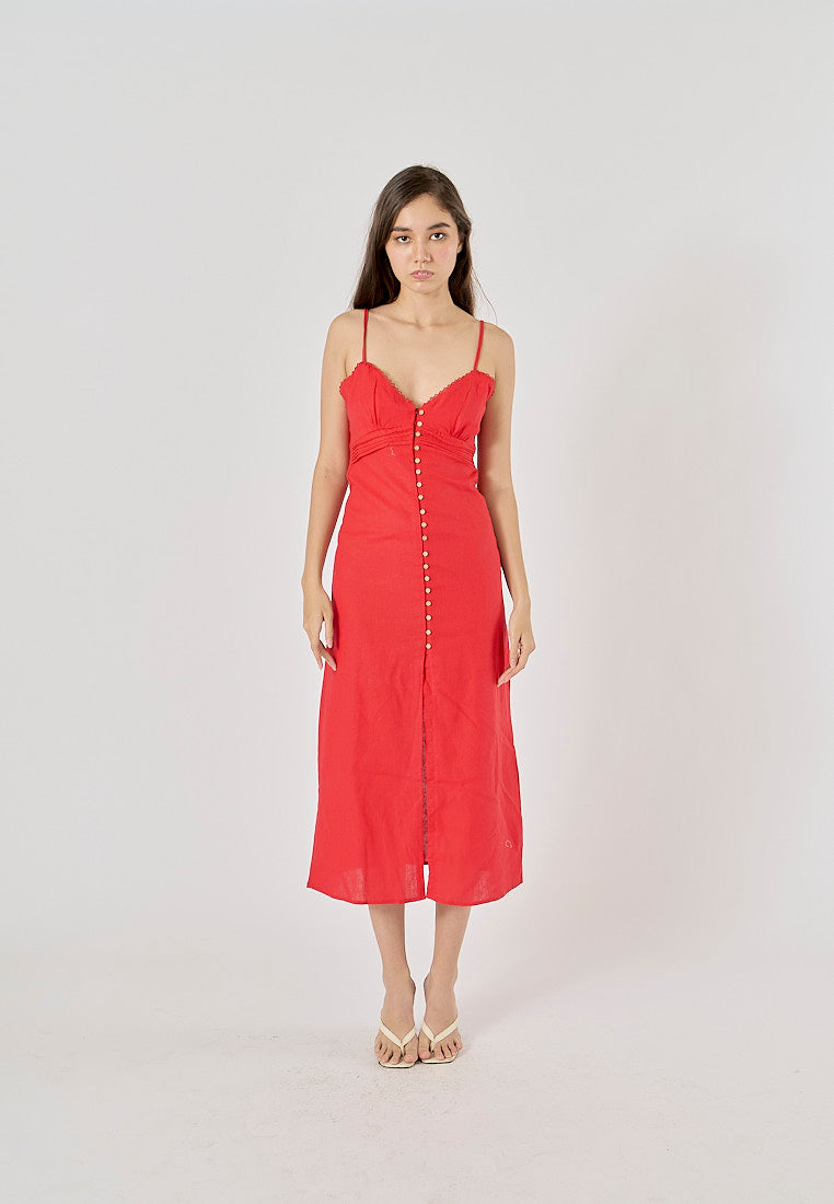 Elowen Cherry Red V-Neck Button-Down Closure Midi Dress