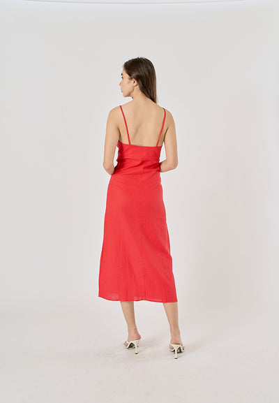 Elowen Cherry Red V-Neck Button-Down Closure Midi Dress