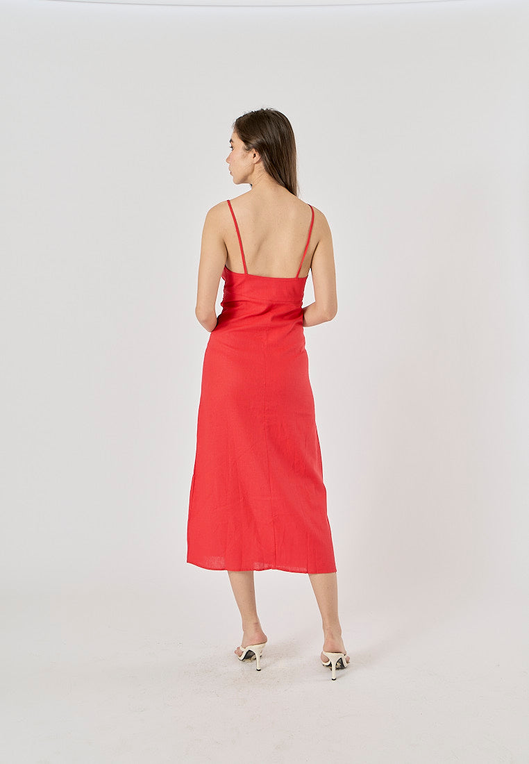 Elowen Cherry Red V-Neck Button-Down Closure Midi Dress