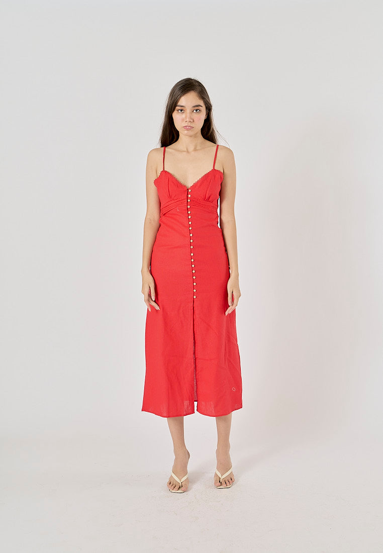 Elowen Cherry Red V-Neck Button-Down Closure Midi Dress