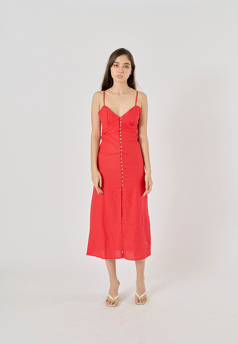 Elowen Cherry Red V-Neck Button-Down Closure Midi Dress