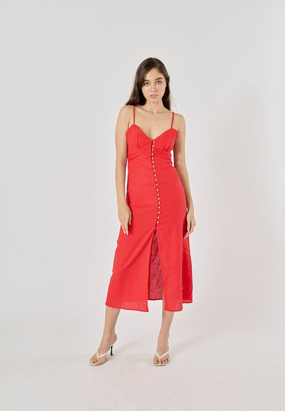 Elowen Cherry Red V-Neck Button-Down Closure Midi Dress