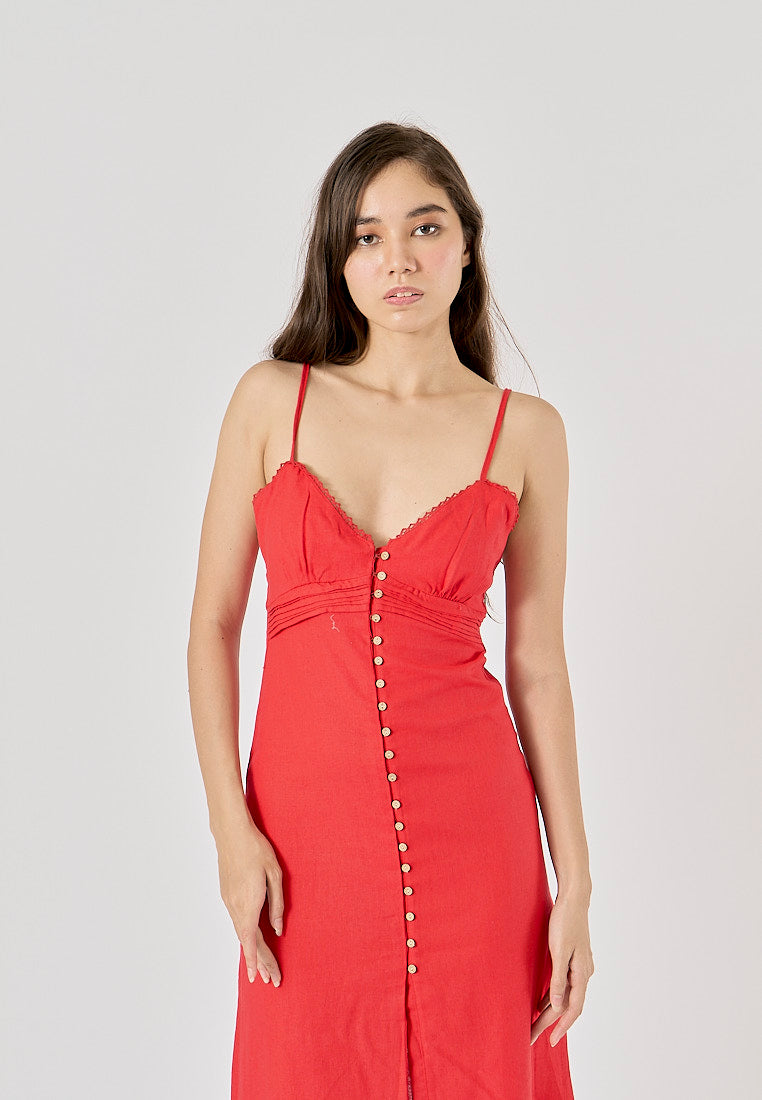 Elowen Cherry Red V-Neck Button-Down Closure Midi Dress