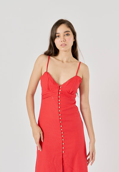 Elowen Cherry Red V-Neck Button-Down Closure Midi Dress