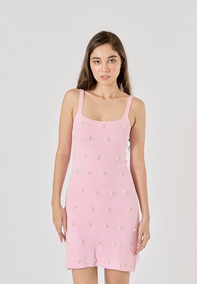 Shiloh Pink Beading Shoulder Strap Knitted Mini Dress