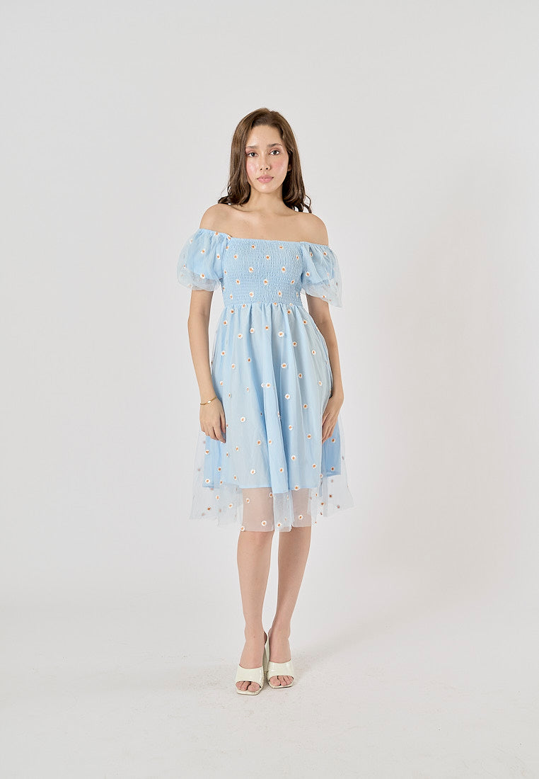 Rutia Powder Blue Square Collar Short Sleeve Floral Embroidery Midi Dress