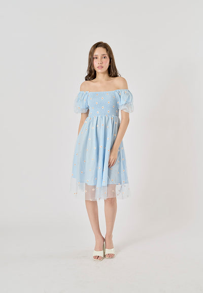 Rutia Powder Blue Square Collar Short Sleeve Floral Embroidery Midi Dress