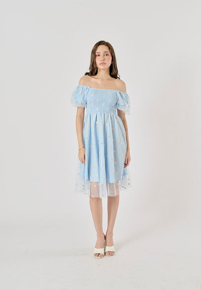 Rutia Powder Blue Square Collar Short Sleeve Floral Embroidery Midi Dress