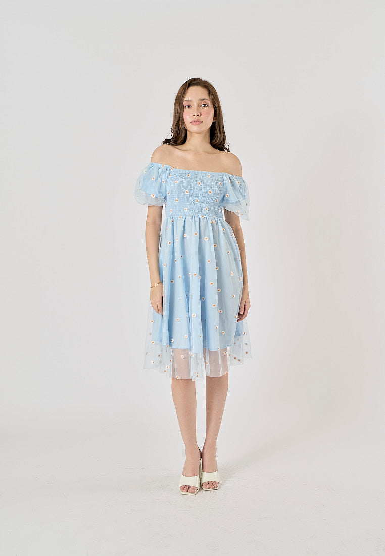 Rutia Powder Blue Square Collar Short Sleeve Floral Embroidery Midi Dress