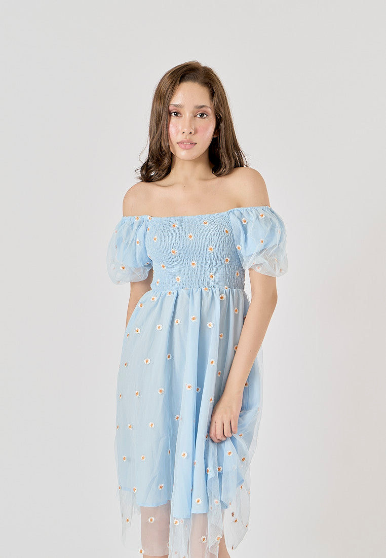 Rutia Powder Blue Square Collar Short Sleeve Floral Embroidery Midi Dress