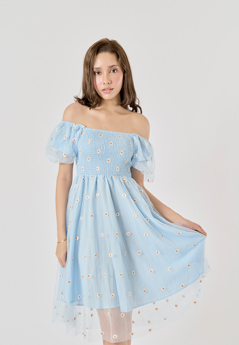 Rutia Powder Blue Square Collar Short Sleeve Floral Embroidery Midi Dress