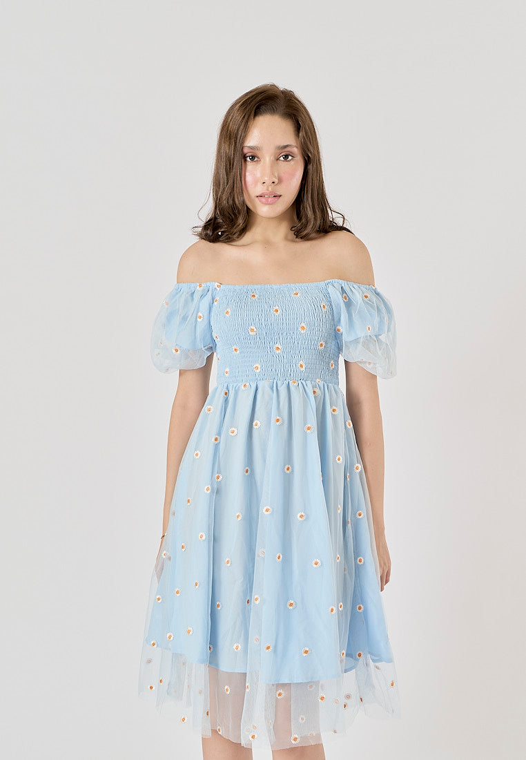 Rutia Powder Blue Square Collar Short Sleeve Floral Embroidery Midi Dress