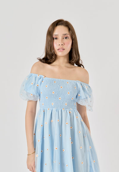 Rutia Powder Blue Square Collar Short Sleeve Floral Embroidery Midi Dress