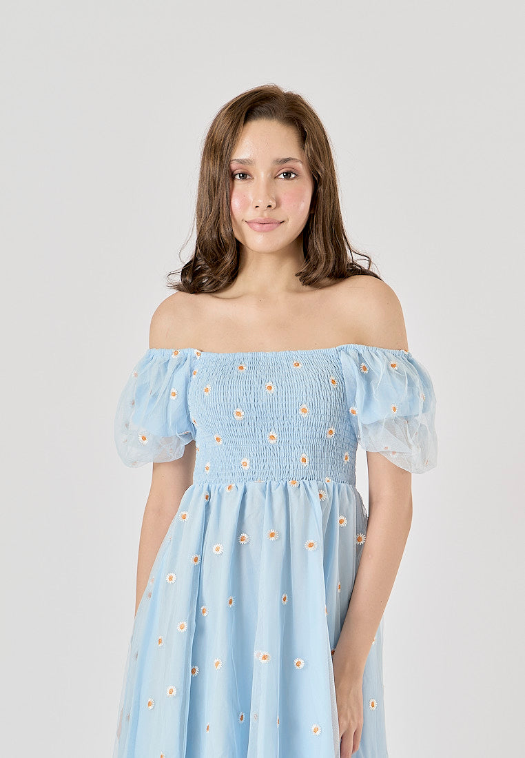 Rutia Powder Blue Square Collar Short Sleeve Floral Embroidery Midi Dress