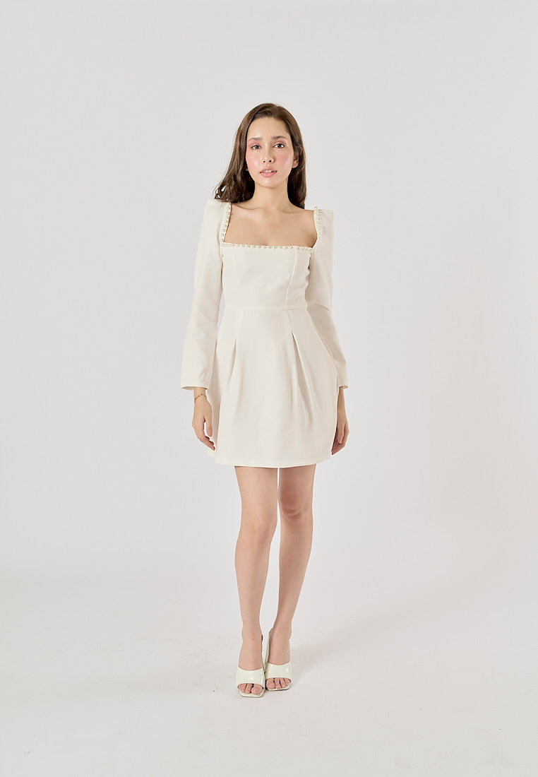 Malva White Square Neck Beaded Long Sleeve Mini Dress