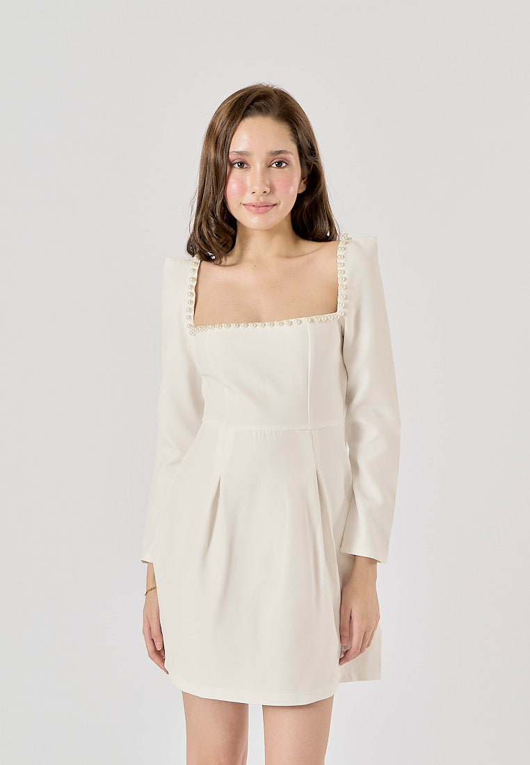 Malva White Square Neck Beaded Long Sleeve Mini Dress