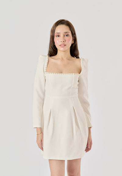 Malva White Square Neck Beaded Long Sleeve Mini Dress