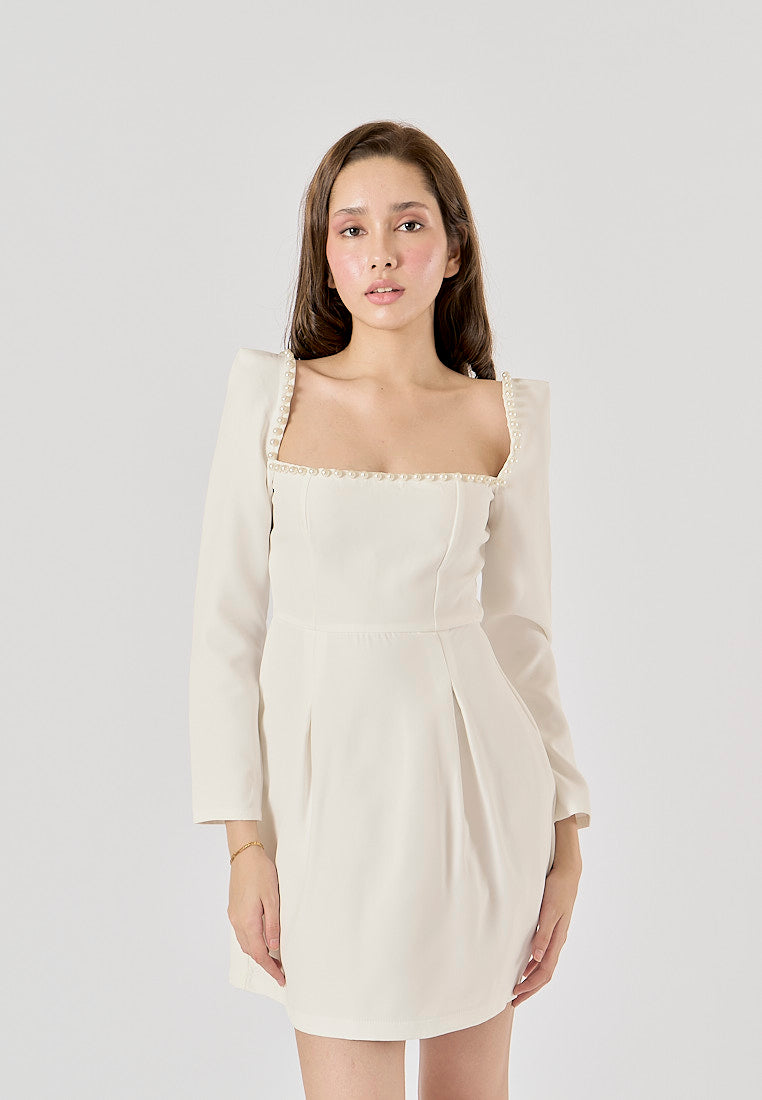 Malva White Square Neck Beaded Long Sleeve Mini Dress