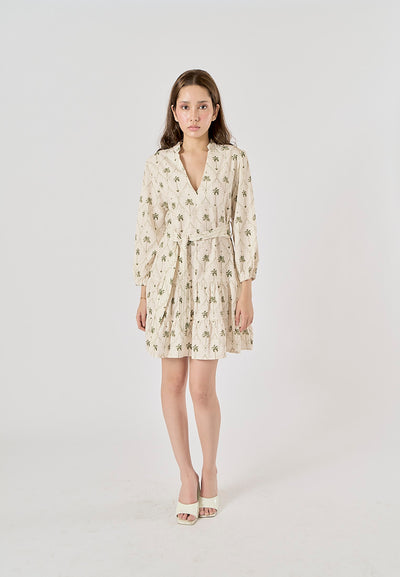 Maryam White Printed Palm Tree Long Sleeve Sashes Mini Dress