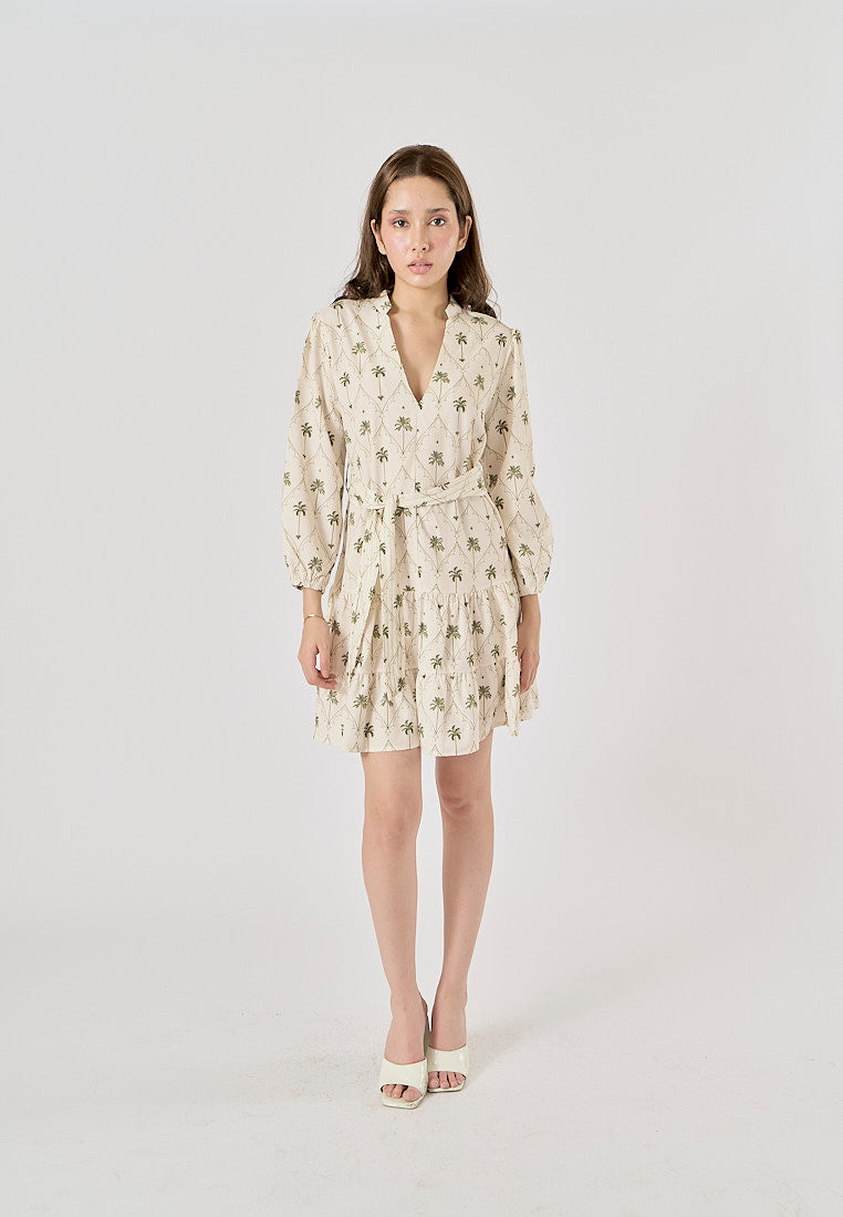 Maryam White Printed Palm Tree Long Sleeve Sashes Mini Dress