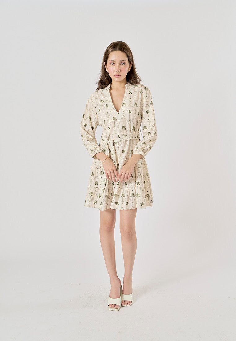 Maryam White Printed Palm Tree Long Sleeve Sashes Mini Dress