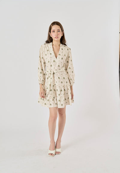 Maryam White Printed Palm Tree Long Sleeve Sashes Mini Dress