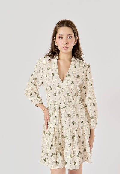 Maryam White Printed Palm Tree Long Sleeve Sashes Mini Dress