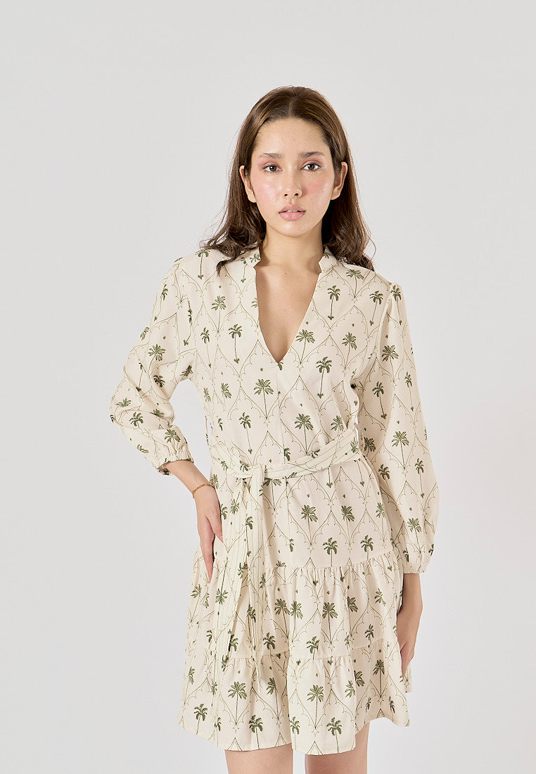 Maryam White Printed Palm Tree Long Sleeve Sashes Mini Dress