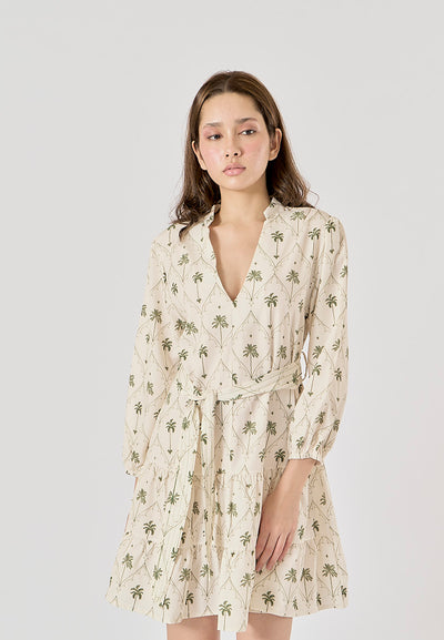 Maryam White Printed Palm Tree Long Sleeve Sashes Mini Dress