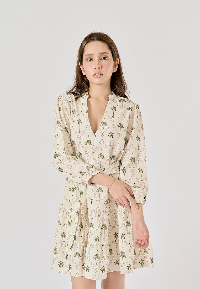 Maryam White Printed Palm Tree Long Sleeve Sashes Mini Dress