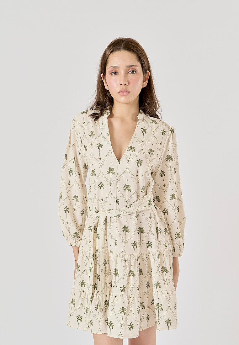 Maryam White Printed Palm Tree Long Sleeve Sashes Mini Dress