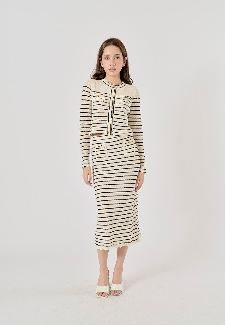 Saturn French Contrast Striped Front Pockets Midi Skirt