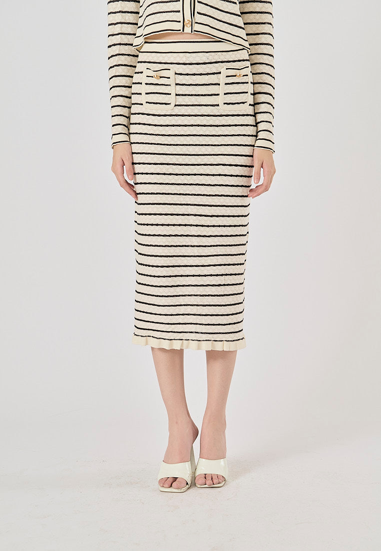 Saturn French Contrast Striped Front Pockets Midi Skirt