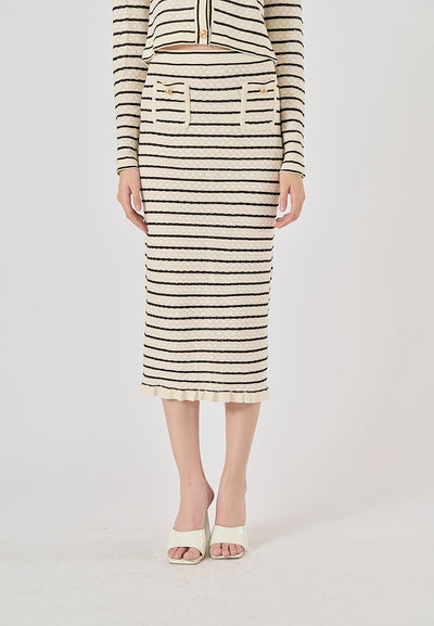 Saturn French Contrast Striped Front Pockets Midi Skirt