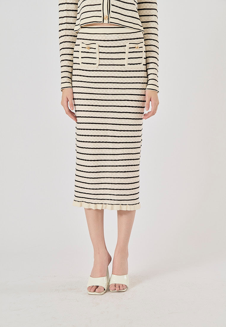 Saturn French Contrast Striped Front Pockets Midi Skirt