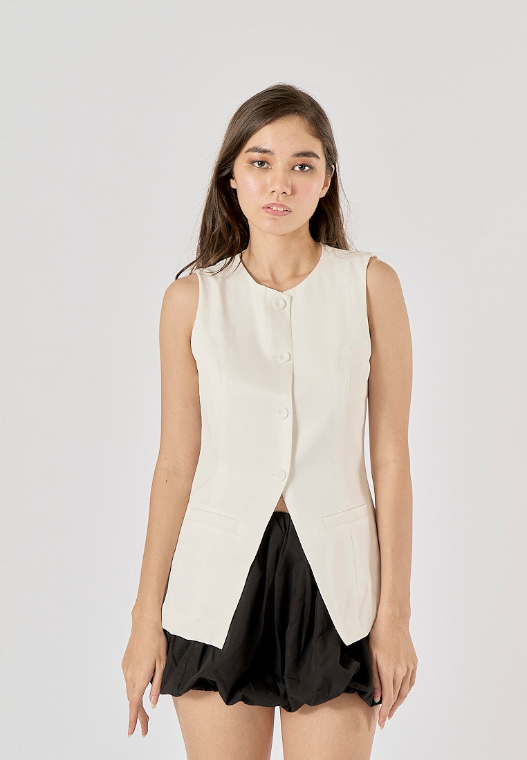 Nolana White Round Neck Button Down Closure Sleeveless Slim Suit Vest