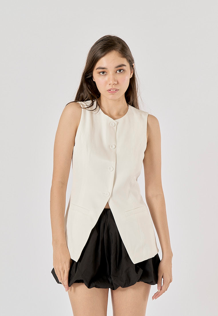 Nolana White Round Neck Button Down Closure Sleeveless Slim Suit Vest