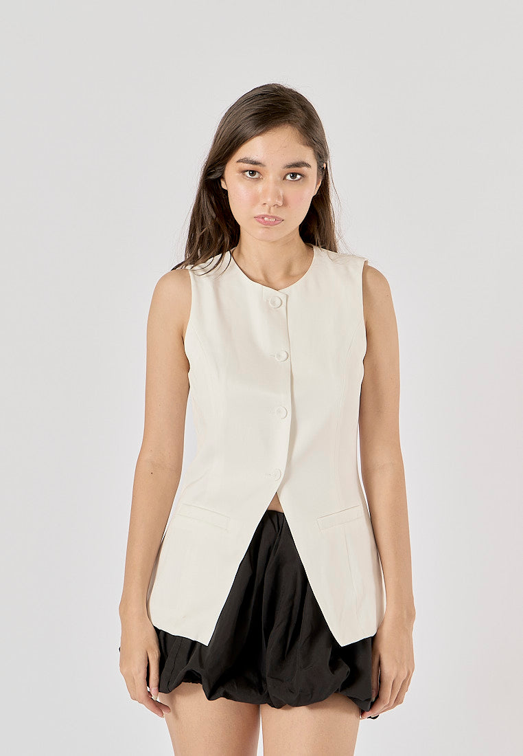 Nolana White Round Neck Button Down Closure Sleeveless Slim Suit Vest