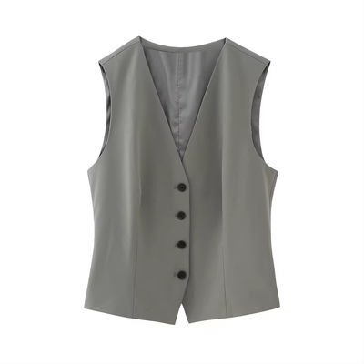 Jara Gray V Neck Single Breasted Button Closure Waistcoat Vest