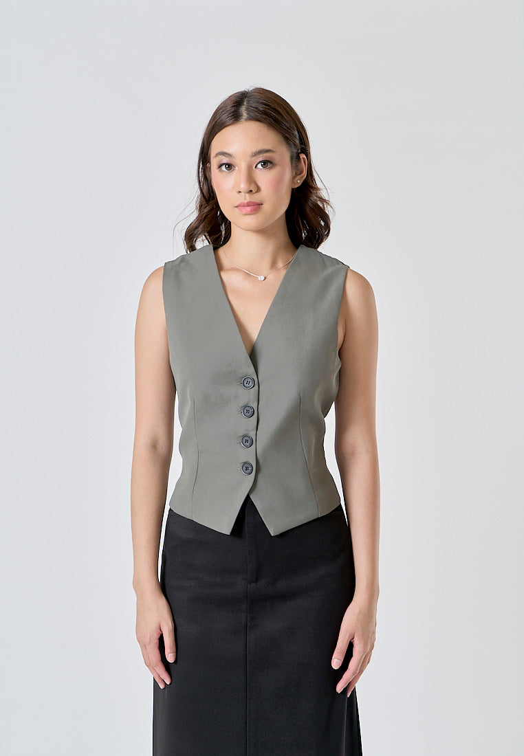 Jara Gray V Neck Single Breasted Button Closure Waistcoat Vest