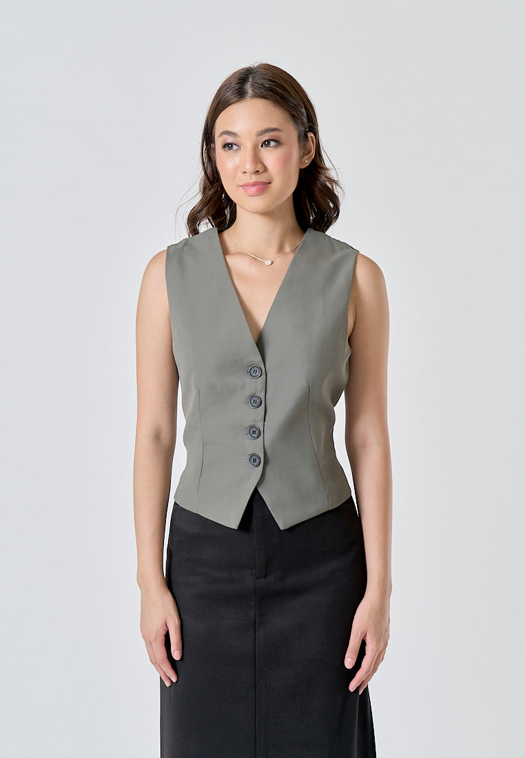 Jara Gray V Neck Single Breasted Button Closure Waistcoat Vest