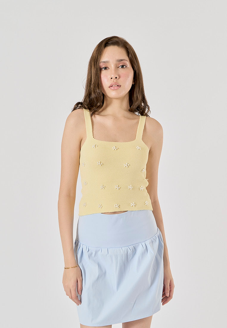 Sunshine Pastel Yellow Shoulder Strap Beading Knitted Tank Top