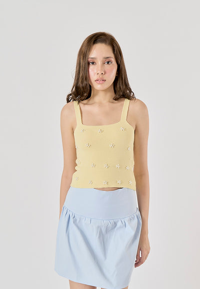 Sunshine Pastel Yellow Shoulder Strap Beading Knitted Tank Top