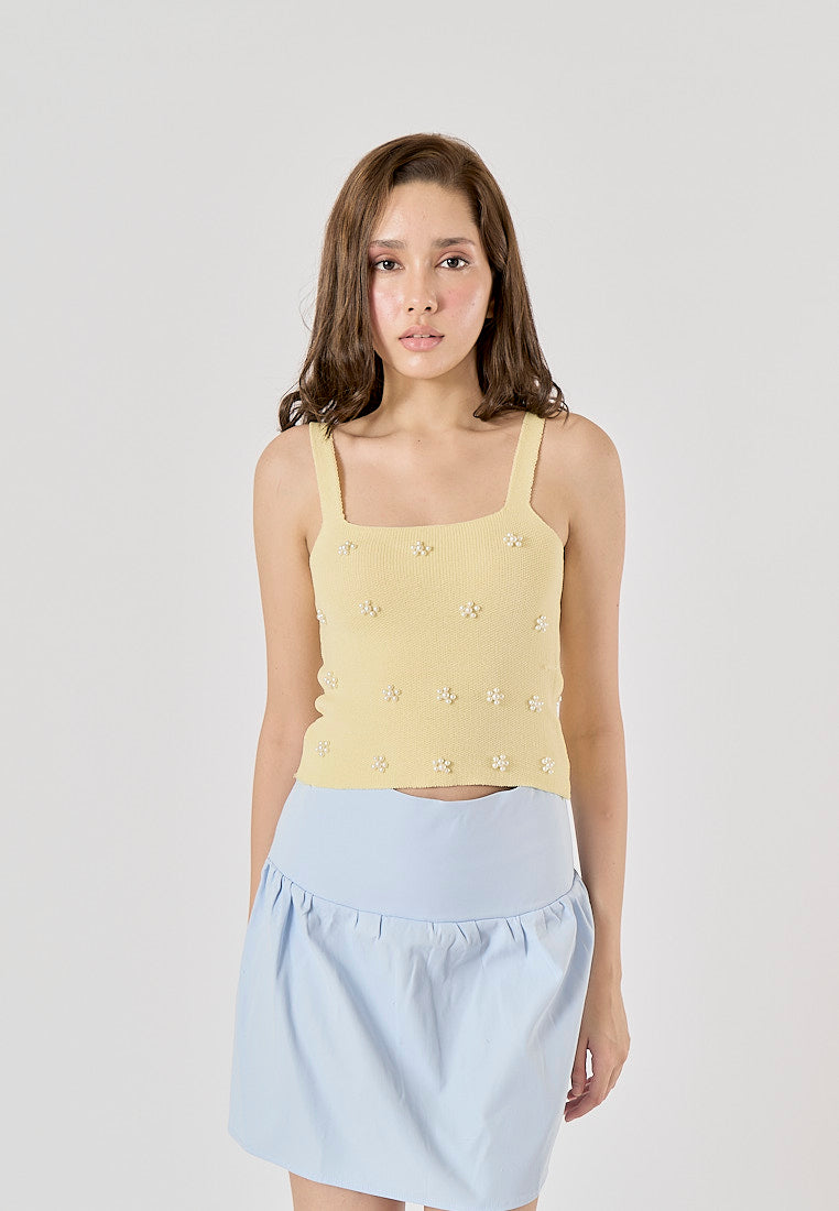 Sunshine Pastel Yellow Shoulder Strap Beading Knitted Tank Top